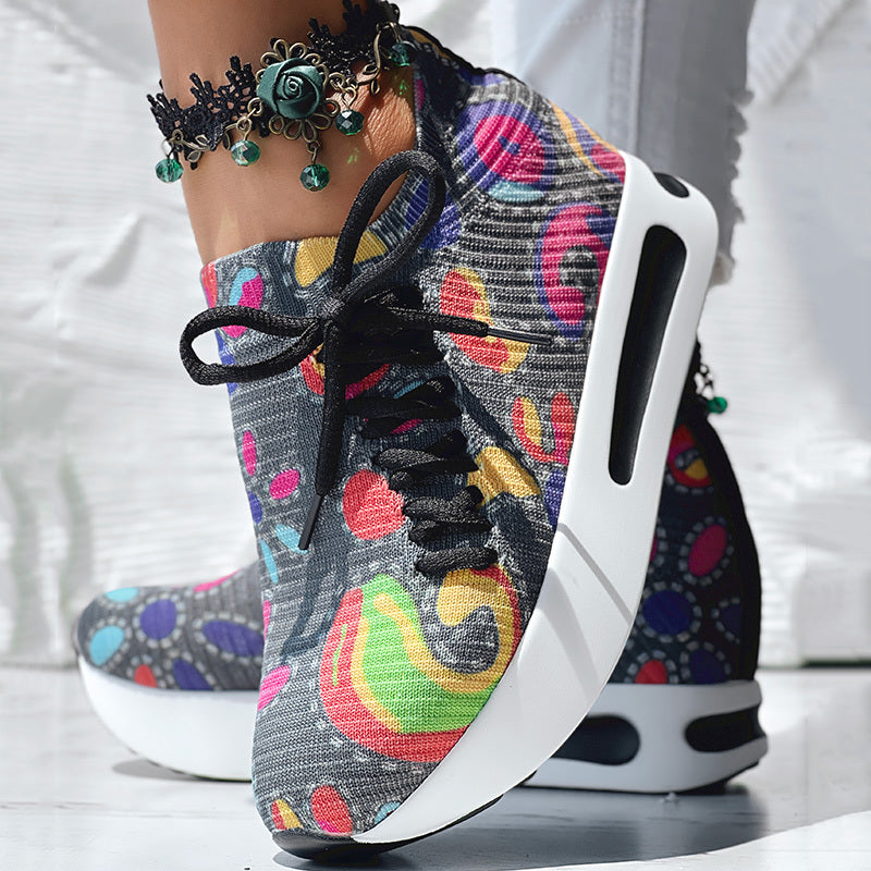 Women's Random Print Side Lace-Up Elastic Sport Shoes, Comfortable Slip-On Sneakers For Women, Casual Daily Wear Footwear