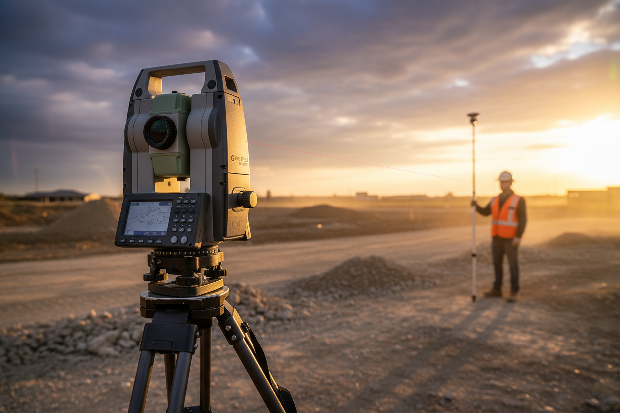 A professional, high-definition hero banner image for a surveying equipment supplier called SOM SURVEY LTD. The scene is outdoors on a clean construction or undeveloped site at dawn/dusk. The image should feature a high-precision digital Total Station mounted on a tripod in the foreground, with its red laser beam subtly visible. In the background, a person in a hi-vis safety vest is holding a prism pole. The image should convey precision, cutting-edge technology, and reliability. Aspect ratio 16:9.